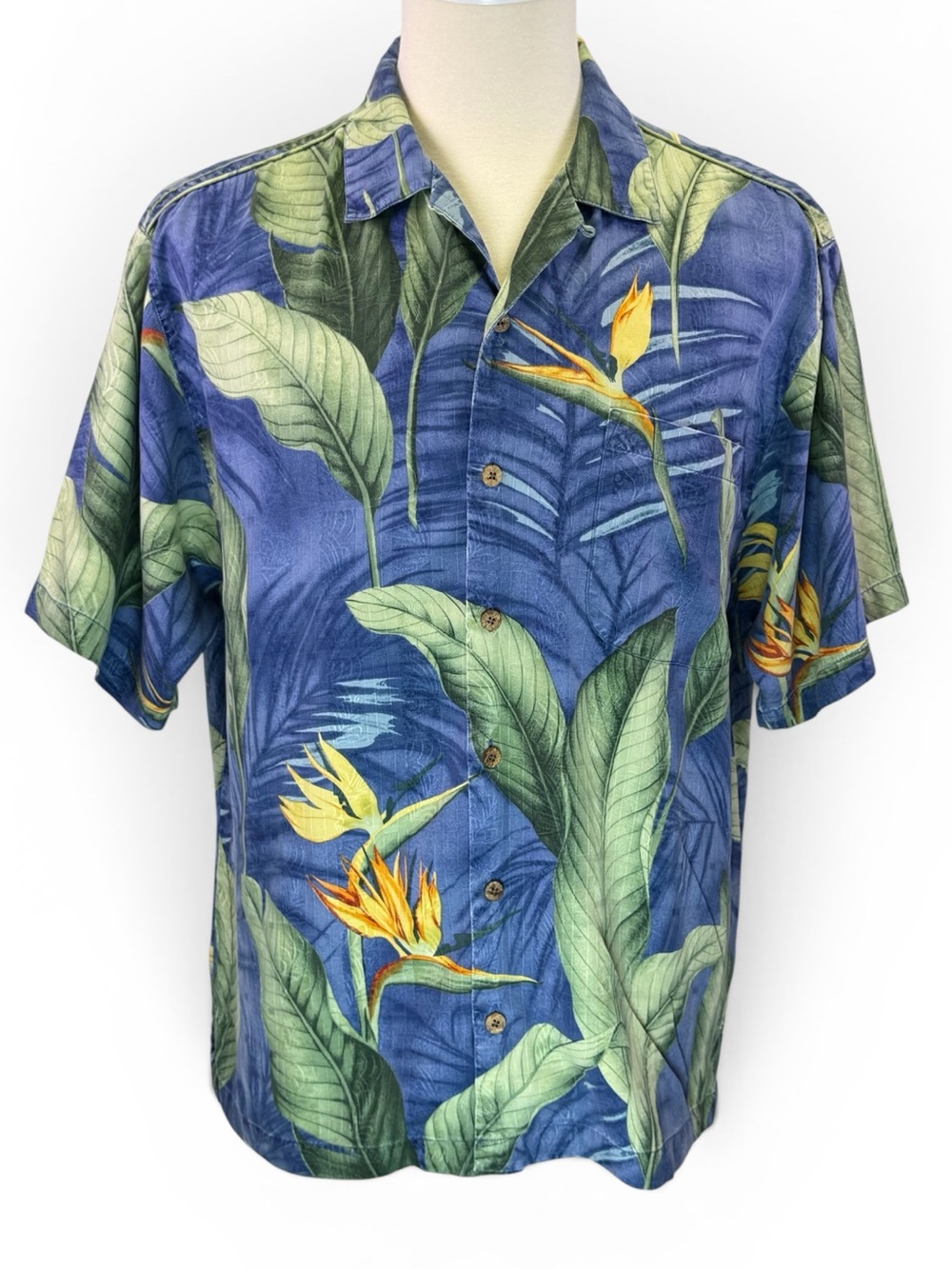 Tommy Bahama Men's Silk Bird of Paradise Tropical Blue Short Sleeve Shirt Size L